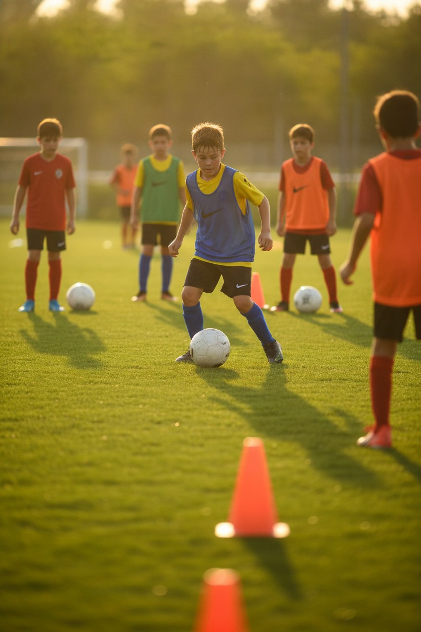 ForVet Kamp antrenman sahası, genç futbolcular top kontrol çalışması yaparken