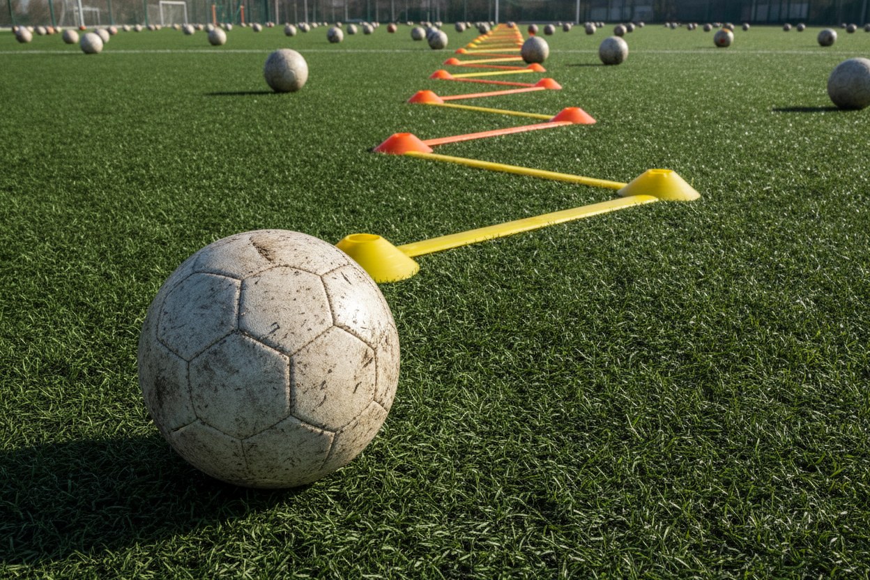 Genç futbolcular top kontrol antrenmanı yapıyor